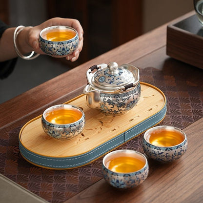 Chinese Silver Plated Travel Tea Set 1 Teapot 2 Cups Gift Box Gongfu