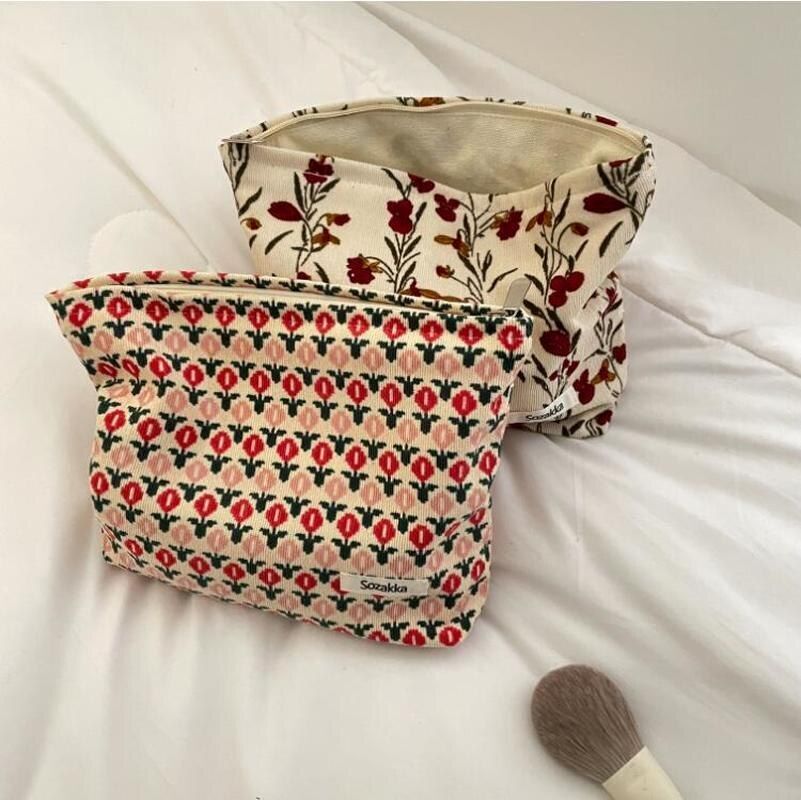 Fashion Corduroy Cosmetic Bag Retro Flower Print Travelling Beauty Storage Bags