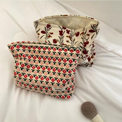 Fashion Corduroy Cosmetic Bag Retro Flower Print Travelling Beauty Storage Bags