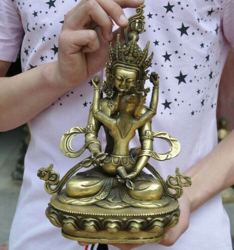 7.08"Old Tibetan Bronze gilt Vajra Mandkesvara Yab-Yum Happy Buddha Statue