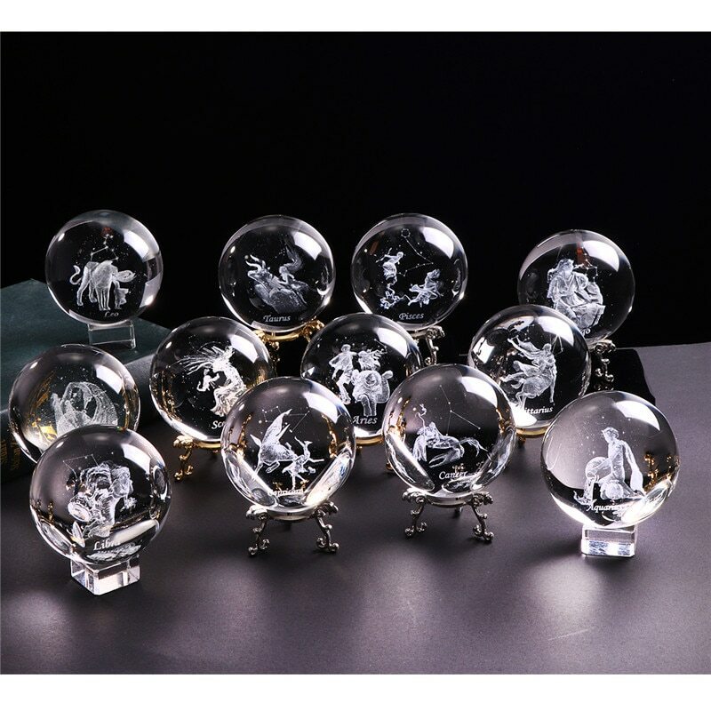 Zodiac Sign Star Crystal Ball Laser Engraved Glass Sphere Crystal 80MM Gift
