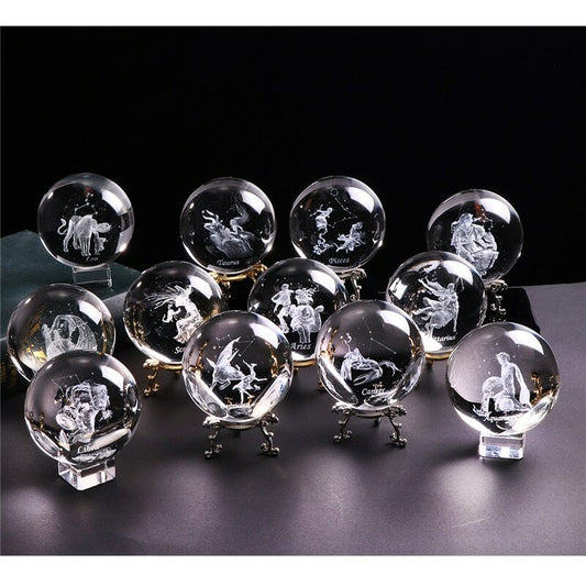 Zodiac Sign Star Crystal Ball Laser Engraved Glass Sphere Crystal 80MM Gift