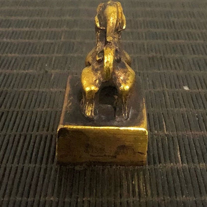 Antique Gilt Copper Beast Seal High Relief Engraved Vintage Patina Desktop Craft