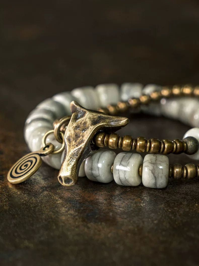 Men's Niche Bull Head Bracelet Vintage Beaded Double Layer Hand Jewelry