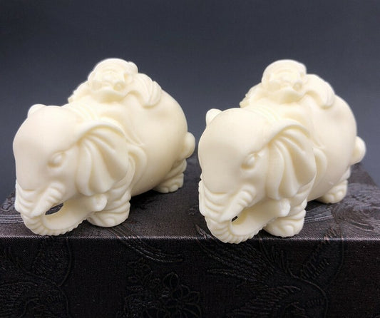Pair Tagua Nut Elephant Statue Palm Figurine Feng Shui Animal Decor Gift