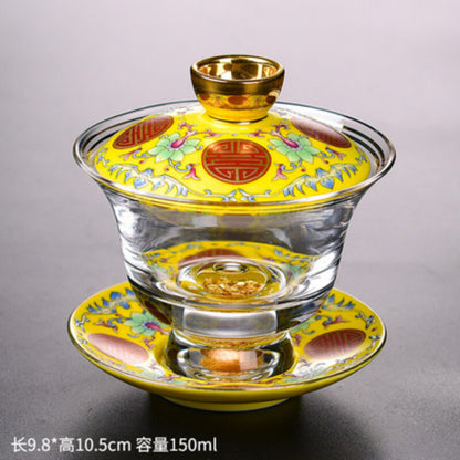 Tea Bowl Thickened Glass Tureen Tea Cover Bowl Lid Sancai Gaiwan Hand Painted