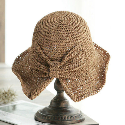 Women Vintage Fashion Folding Straw Bucket Hat Braid Summer Beach Sun Hat w/ Bow