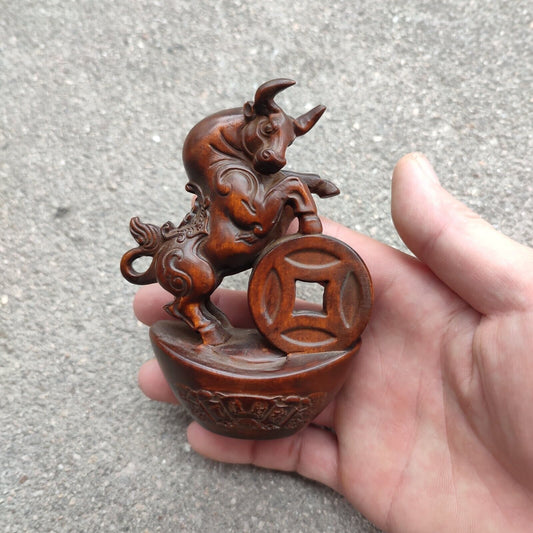 Chinese Boxwood Carving Bovine Ox Statue Animal Figurine Wealth Desk Home Decor