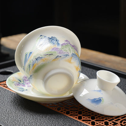 San Cai Gaiwan Tea Bowls and Cups Mutton-fat Jade Ceramics Tea Set Household
