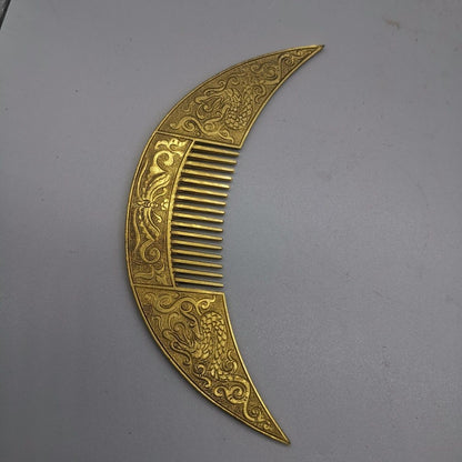 Vintage Brass Dragon Comb Crescent Shape Double Dragon Chinese Hair Tool Prop
