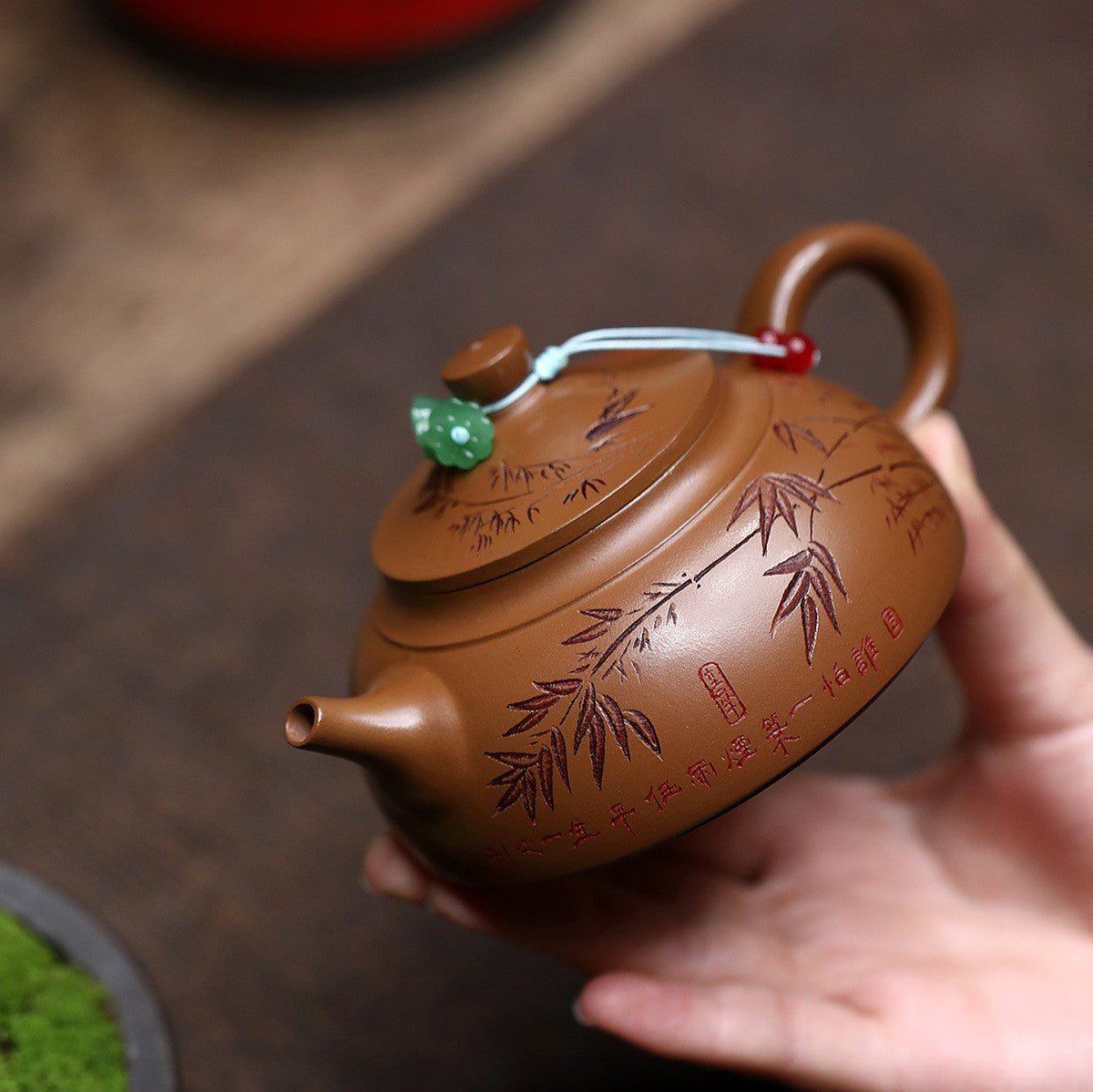Handmade Tea Pot Marked Bamboo Carved Real Yixing Zisha Clay Master Pot 180ml