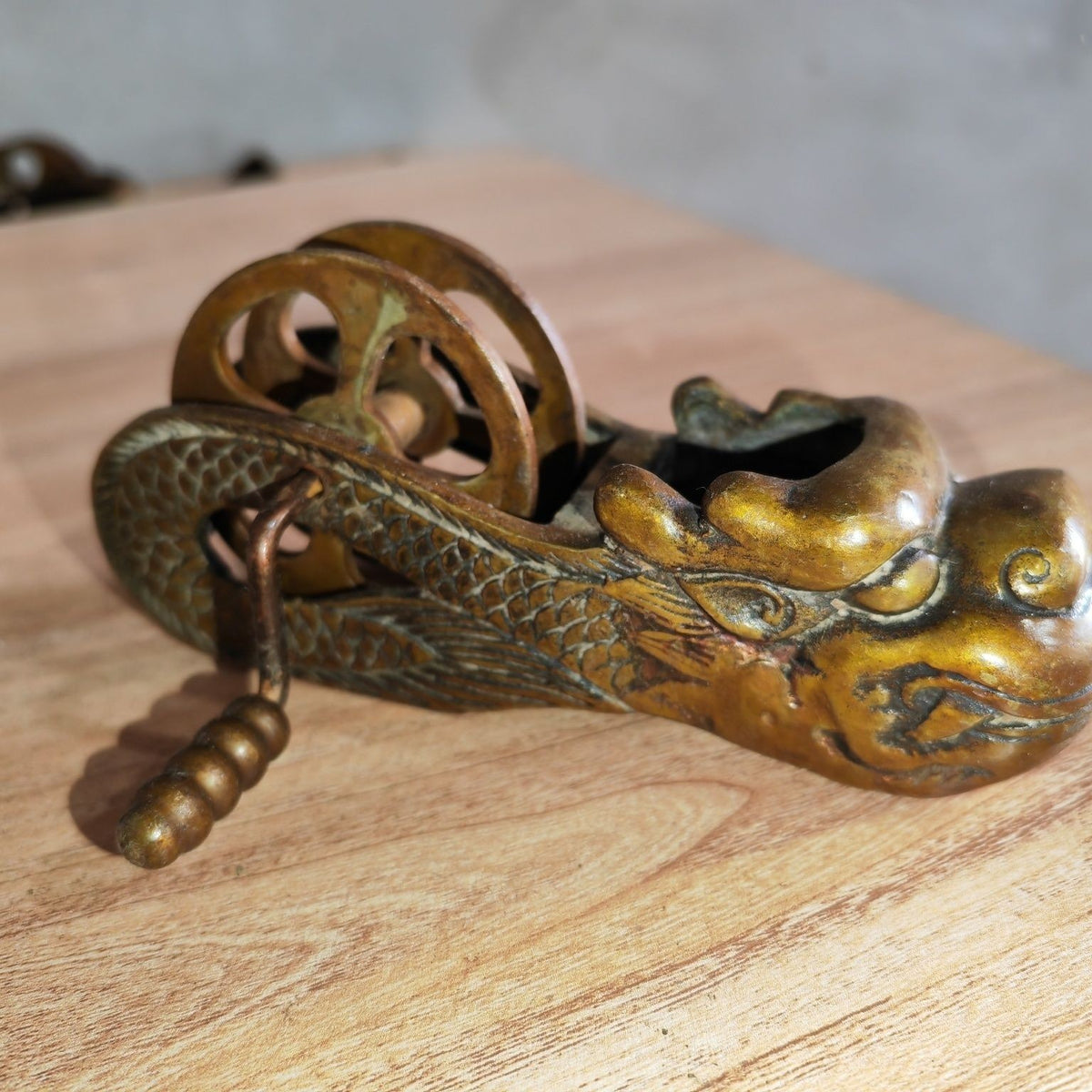 Vintage Brass Dragon Carpentry Ink Line Tool Chinese Antique Measuring Tool
