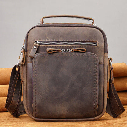 Crazy Horse Leather Men's Shoulder Bag 8inch Handbag Multifunction Crossbody Bag