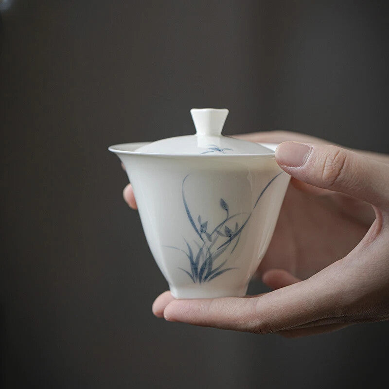 Hand-painted Orchid Gaiwan Cover Bowl Ceramic Tea Making Bowl Chinese Tea Cup