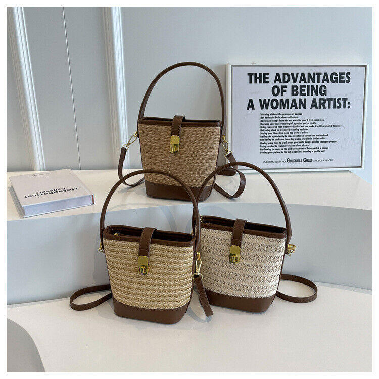 Straw Woven Bucket Shoulder Bags PU Leather Summer Fashion Designer BeachHandbag