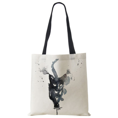 Tote Bags Black Cat Printed Linen Fabric Eco Handbag Shopping Reusable Shoulder
