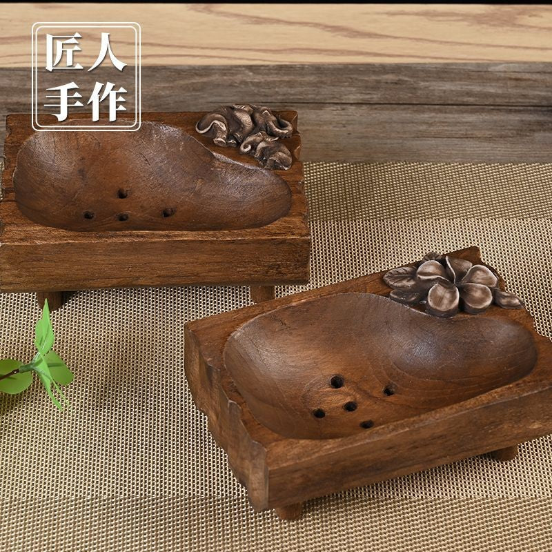 Thai Handmade Solid Wood Soap Dish 15cm Vintage Drain Soap Holder for Bathroom