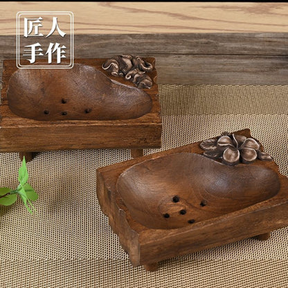Thai Handmade Solid Wood Soap Dish 15cm Vintage Drain Soap Holder for Bathroom