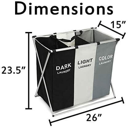 3 Section Collapsible Laundry Basket-Dark, Light & Color Clothes 26"x15"x23.5"