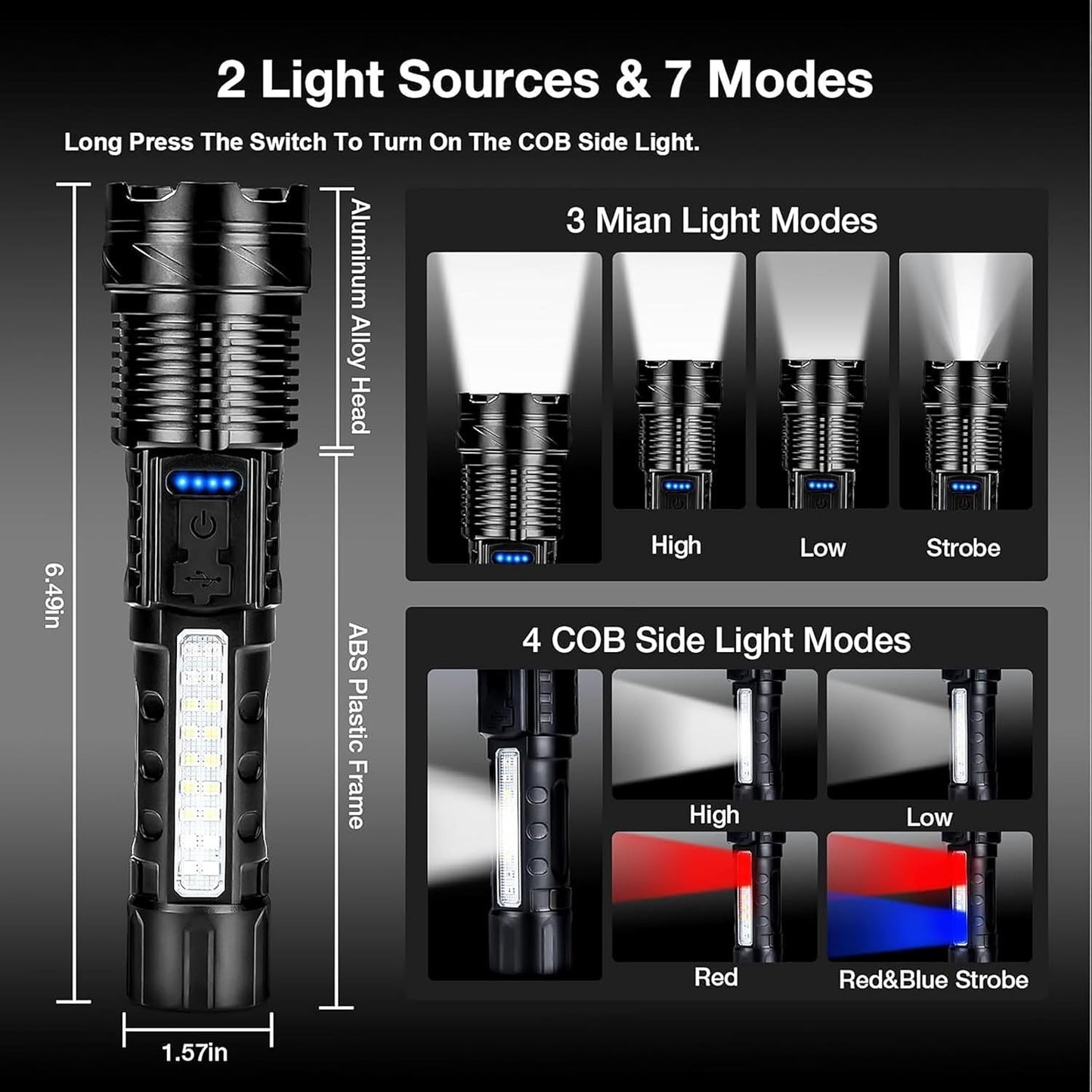 12000000LM Super Bright Telescopic Zoom Flashlight Rechargeable 3Color Light