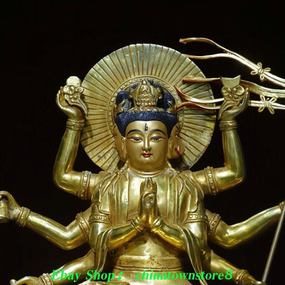 10.6'' Old Nepal Pure Bronze Gilt Painting 3 Head 8 Arm Namgyalma Buddha Statue