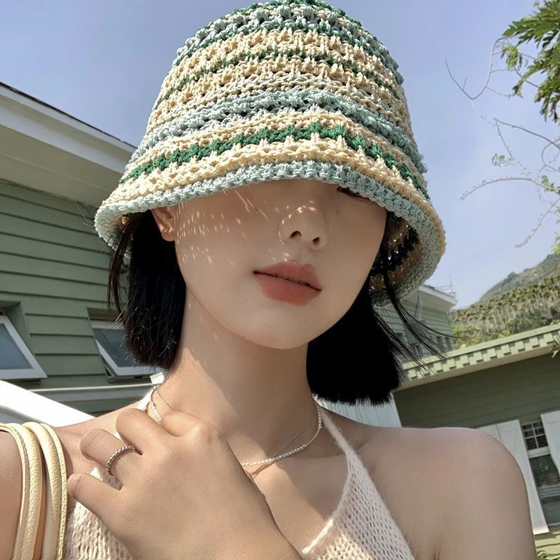 Women Bucket Hats Color Woven Summer Japanese Show Face Beach Sun Caps Sunshades