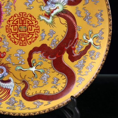 Old Chinese powder color porcelain Dragon phoenix pattern plate yellow Qianlong