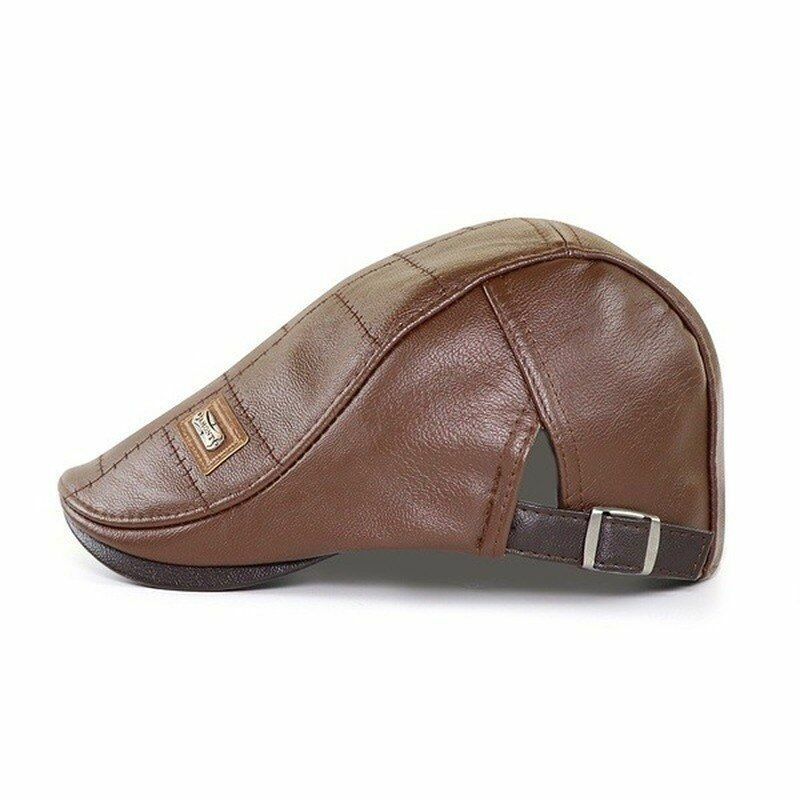Winter Leather Cap Hat Warm Vintage Flat Casual Patchwork Beret Hiking Male