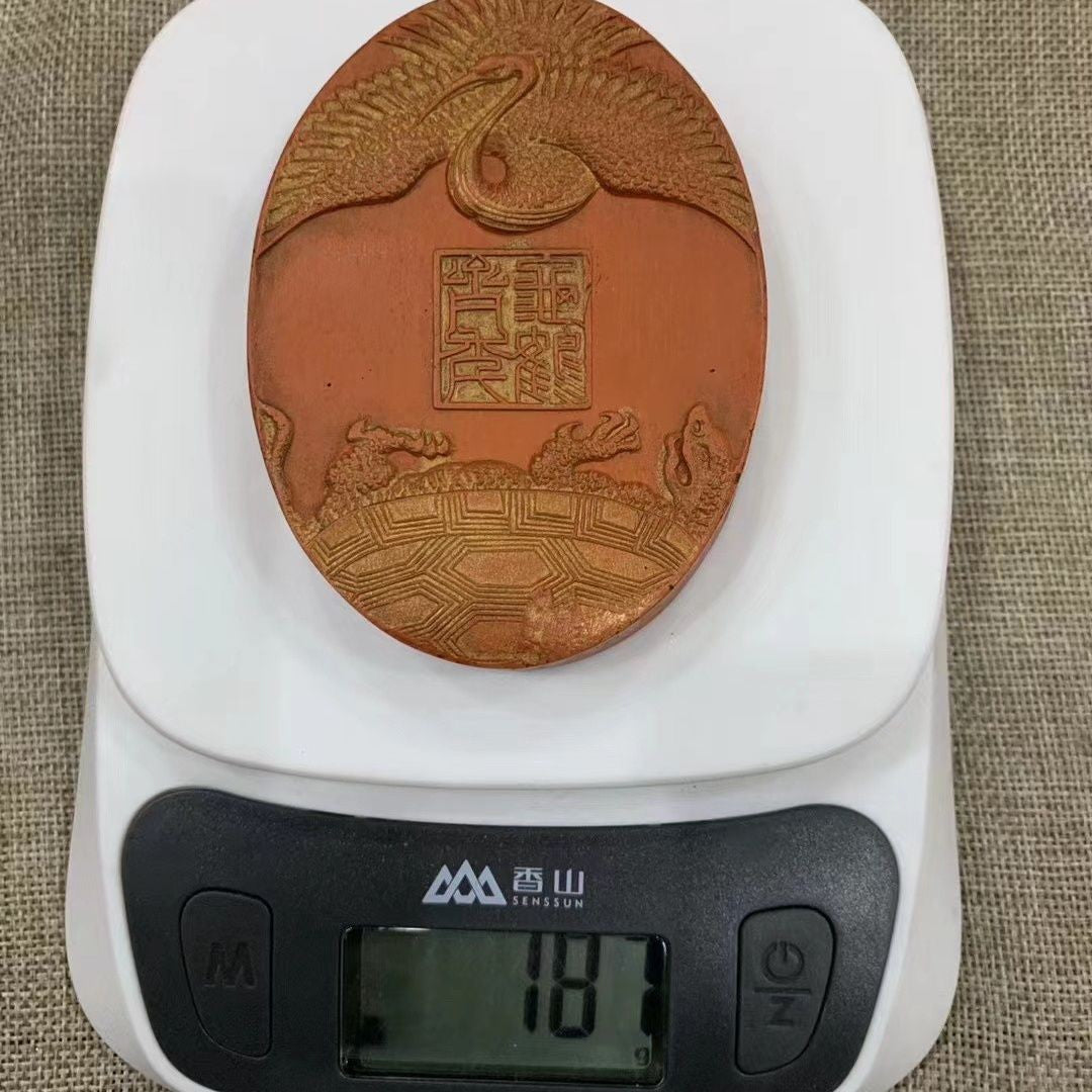 Cinnabar Huizhou Ink Stick Turtle Crane Pattern Vintage Calligraphy Block