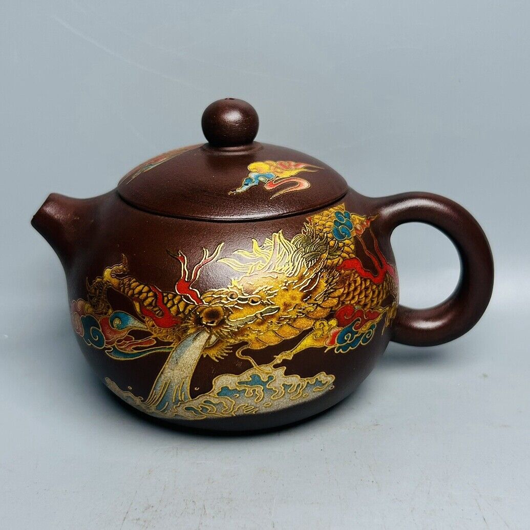 Vintage Chinese Yixing Purple Clay Teapot Zisha Ceremony Painted Dragon Teaware