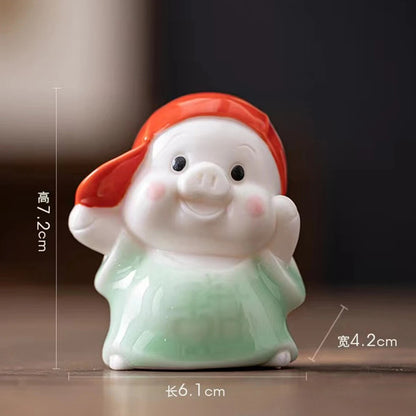 Ceramic Pig Red Cap Tea Pet Porcelain Desktop Ornament Decor Pig Tea Figures