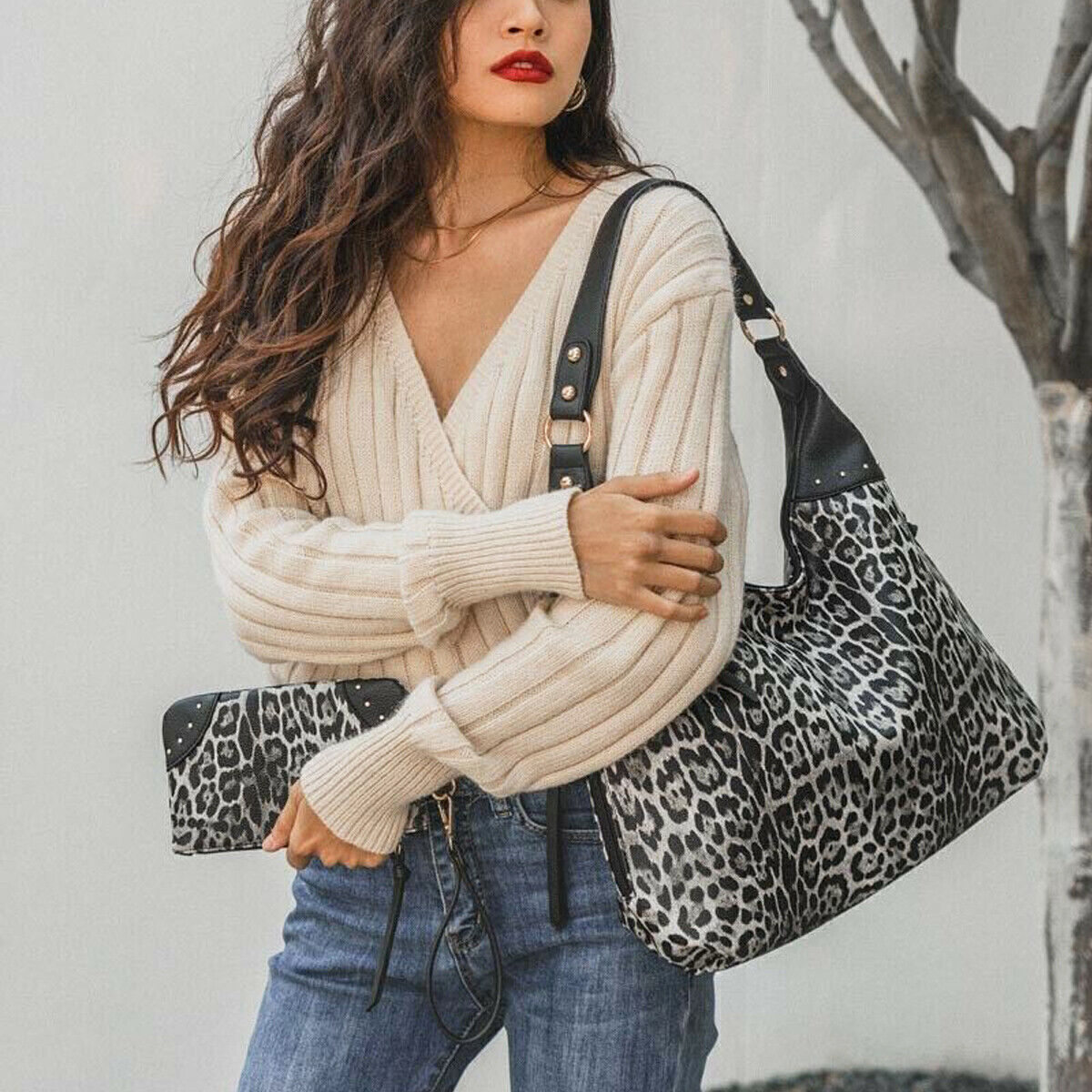 2x Celela Women Concealed Carry Handbag Purse Pattern Studs Hobo Shoulder Bag