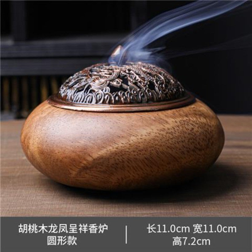 Walnut Wood Incense Burner 11×7.2cm Dragon Phoenix Alloy Lid Vintage Censer