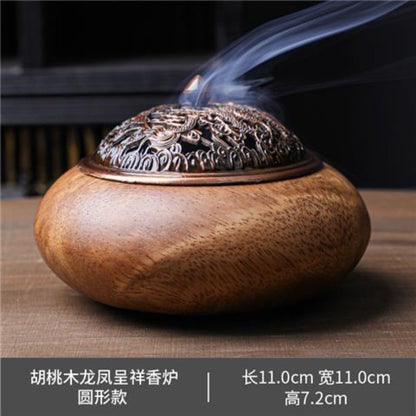 Walnut Wood Incense Burner 11×7.2cm Dragon Phoenix Alloy Lid Vintage Censer