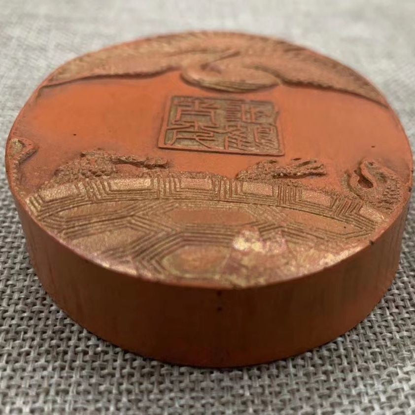 Cinnabar Huizhou Ink Stick Turtle Crane Pattern Vintage Calligraphy Block