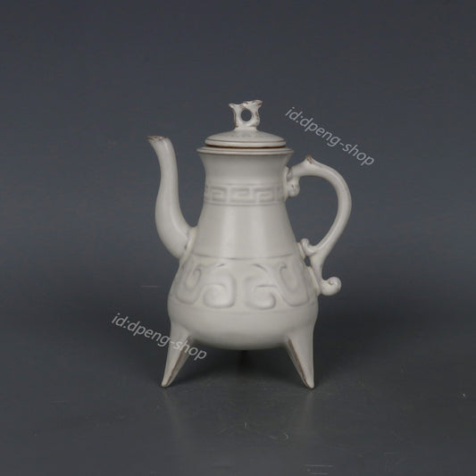 7.4" China Song Porcelain Ru Kiln White Glaze Animal Phoenix Three Foot Teapot