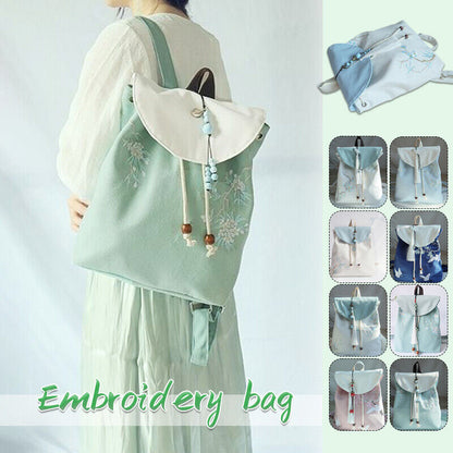 Canvas Embroidered Flower Backpack Tassel Casual Bundle Girls Mouth Bag Womens