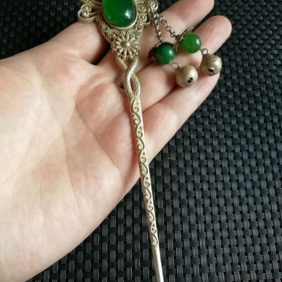Vintage Silver-Tone Inlaid Green Gem Hairpin Antique Collectible
