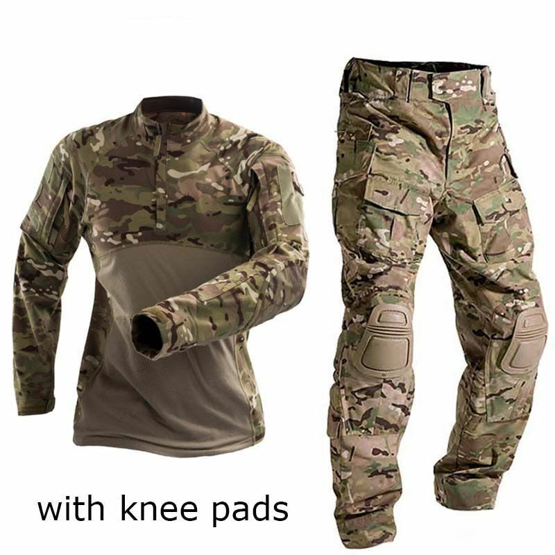 T-Shirt AND Pants Set Camouflage Suit Hiking Trousers Non Slip Silicone Elbow XL