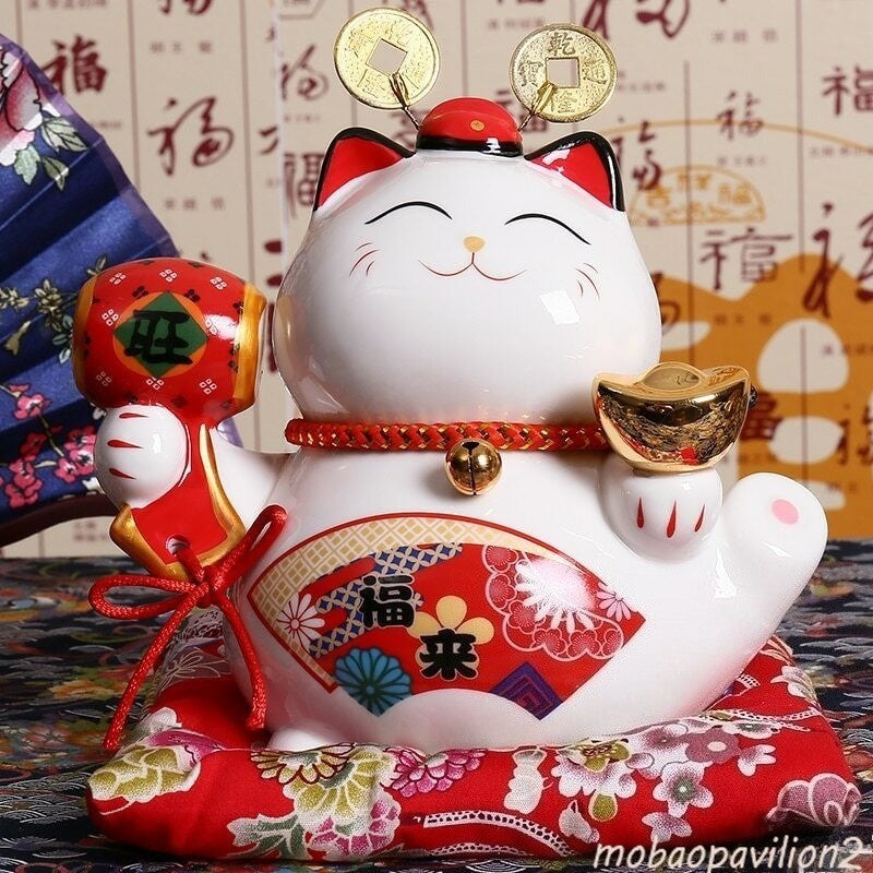16cm Ceramic Maneki Neko Lucky Cat Money Box Piggy Bank Feng Shui Home DecorGift