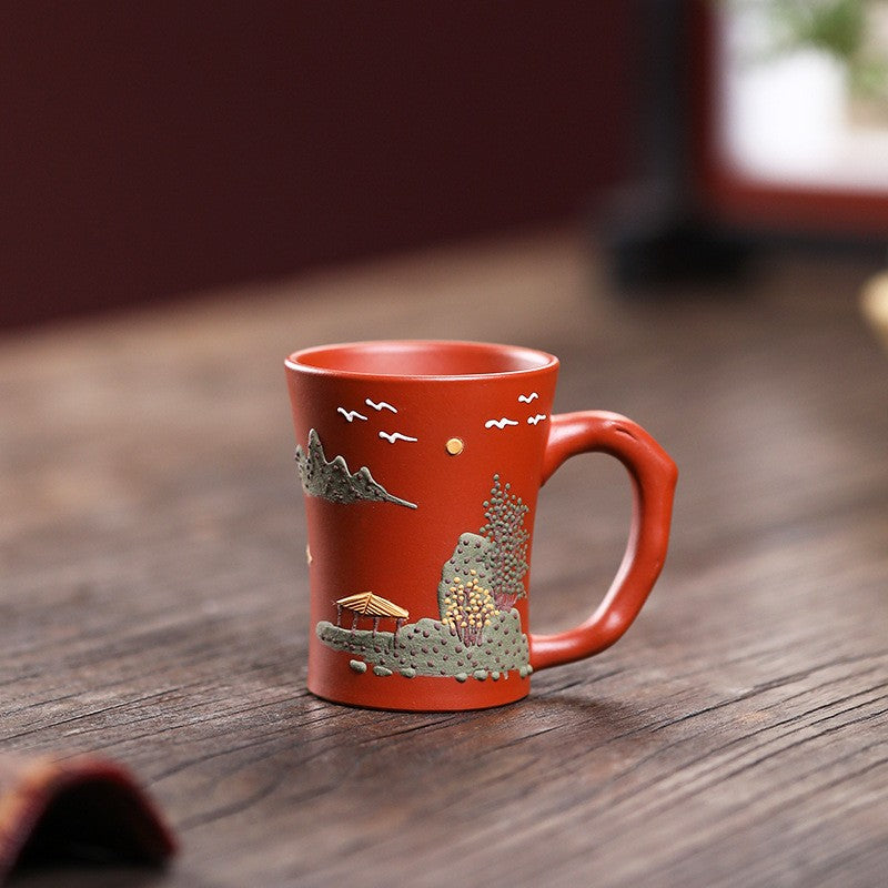 Original Ore Real Yixing Zisha Dahongpao Clay Teacup With Handle Mountain Relief
