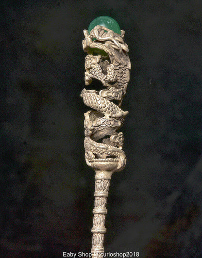 6.6" Old China Silver Inlay Green Gem Dynasty Dragon Bead Hairpin Hair Stick