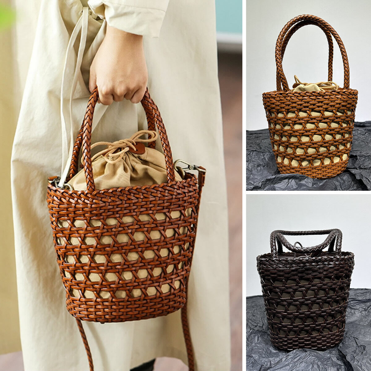 Small Woven Real Leather Drawstring Basket Bag Tote Bucket Beach Shoulder Bag