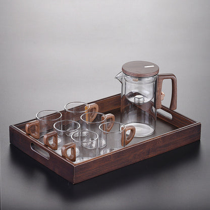 Boutique Tea Pot Matching Cup Glass Wood Handle Tea Tray Tea Water Separation