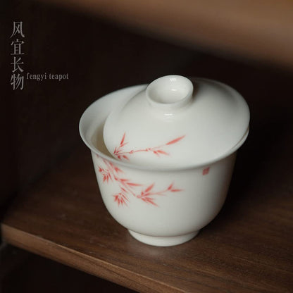 130ml Handmade Gaiwan Teacup Porcelain Bamboo Tureen Kungfu Tea Set