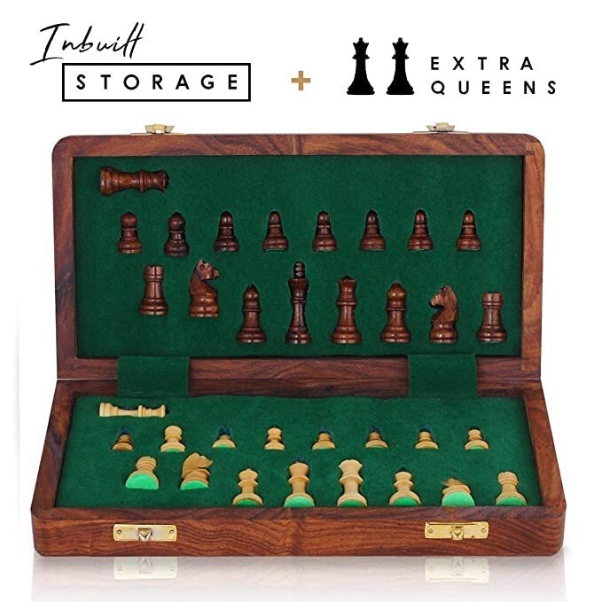 18" x 18" Wooden Magnetic Folding Travel Chess Board Game Set with 2 Extra Queen