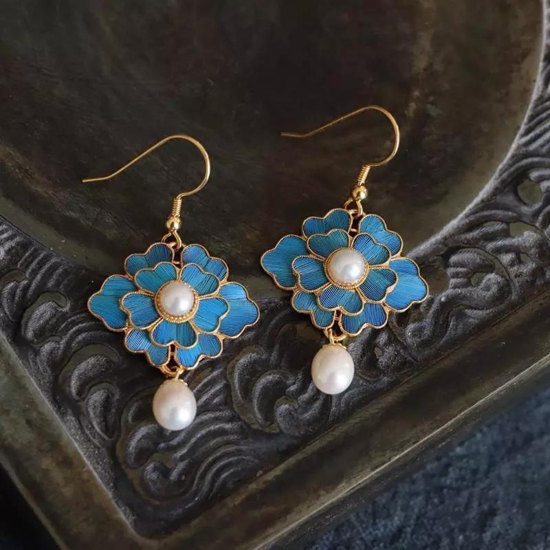 Cloisonne Imitation Diancui Gold Plated Chinese Style Female Long Eardrops