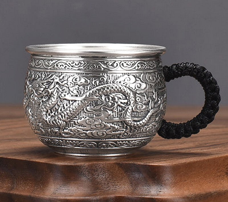 S999 Silver Carved Tea Cup Dragon Phoenix Handle Health Care Drinking