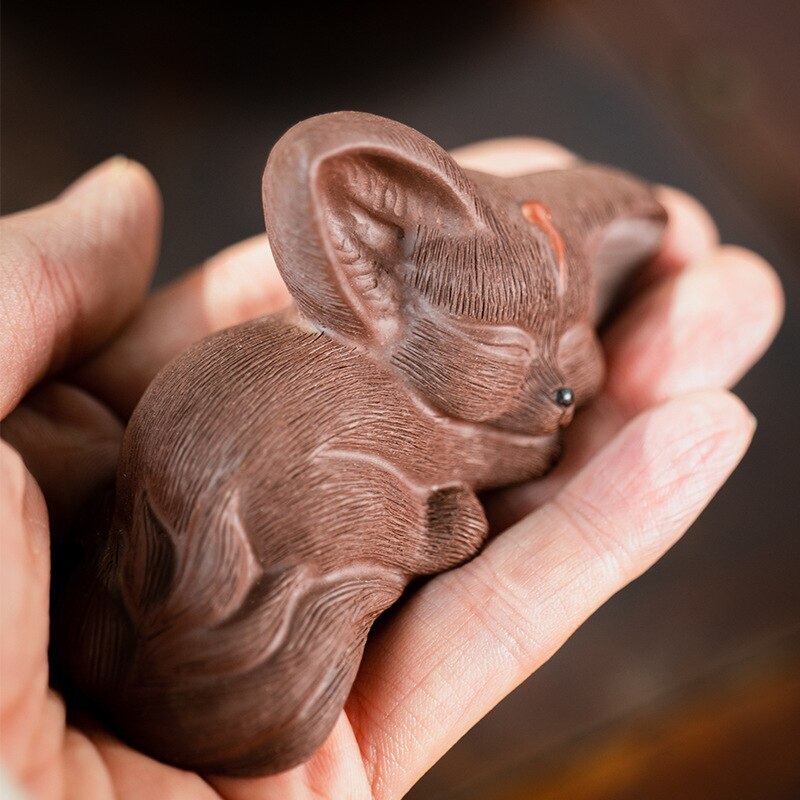 1Pc 3.62" Yixing Purple Clay Sculpture Tea Pet Lucky Fox Statue Art Ornaments