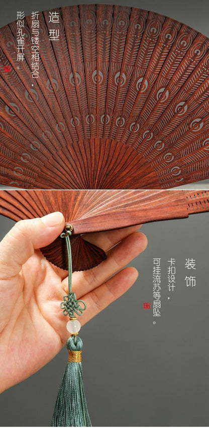 Red Sandalwood Suzhou Fan Hollow Peacock Feather Folding Fan with Stand